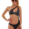 Black one-shoulder one-piece swimsuit with bold side cutout in sleek quick-drying polyamide.