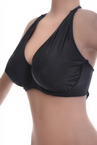 Supportive black plunge bikini top in quick-drying polyamide with built-in underwire that holds its shape.