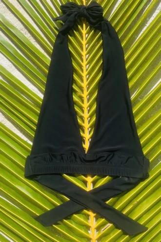 Black plunge triangle bikini top with a long halter cord that ties behind the neck and a deep adjustable V.