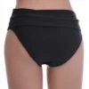 Black pull-on swim bottom with a wide band that wears folded or pulled up, smooth stretch fabric, no ties.