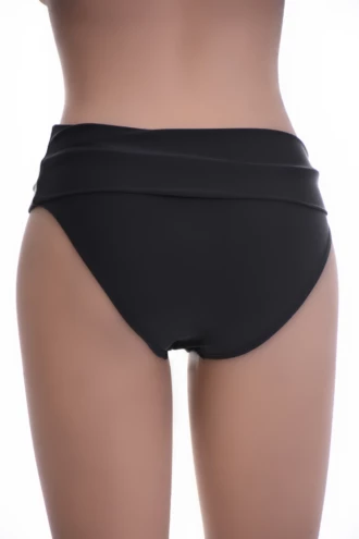 Black pull-on swim bottom with a wide band that wears folded or pulled up, smooth stretch fabric, no ties.