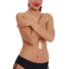 Black ruched-side bikini bottom with a mid-rise waist and fuller coverage, drawstring hips in light Italian swim fabric.