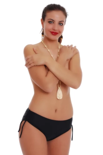 Black ruched-side bikini bottom with a mid-rise waist and fuller coverage, drawstring hips in light Italian swim fabric.