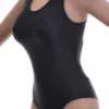 Black scoop-neck one-piece swimsuit with wide straps and cheeky back in quick-drying polyamide.