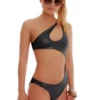 Sleek modern black one-piece swimsuit with side waist cutout and smooth stretch fit for women.