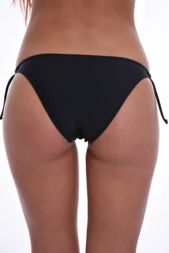 Simple black bikini bottom with moderate coverage and side-tie closure, quick-drying for easy wear by the water.