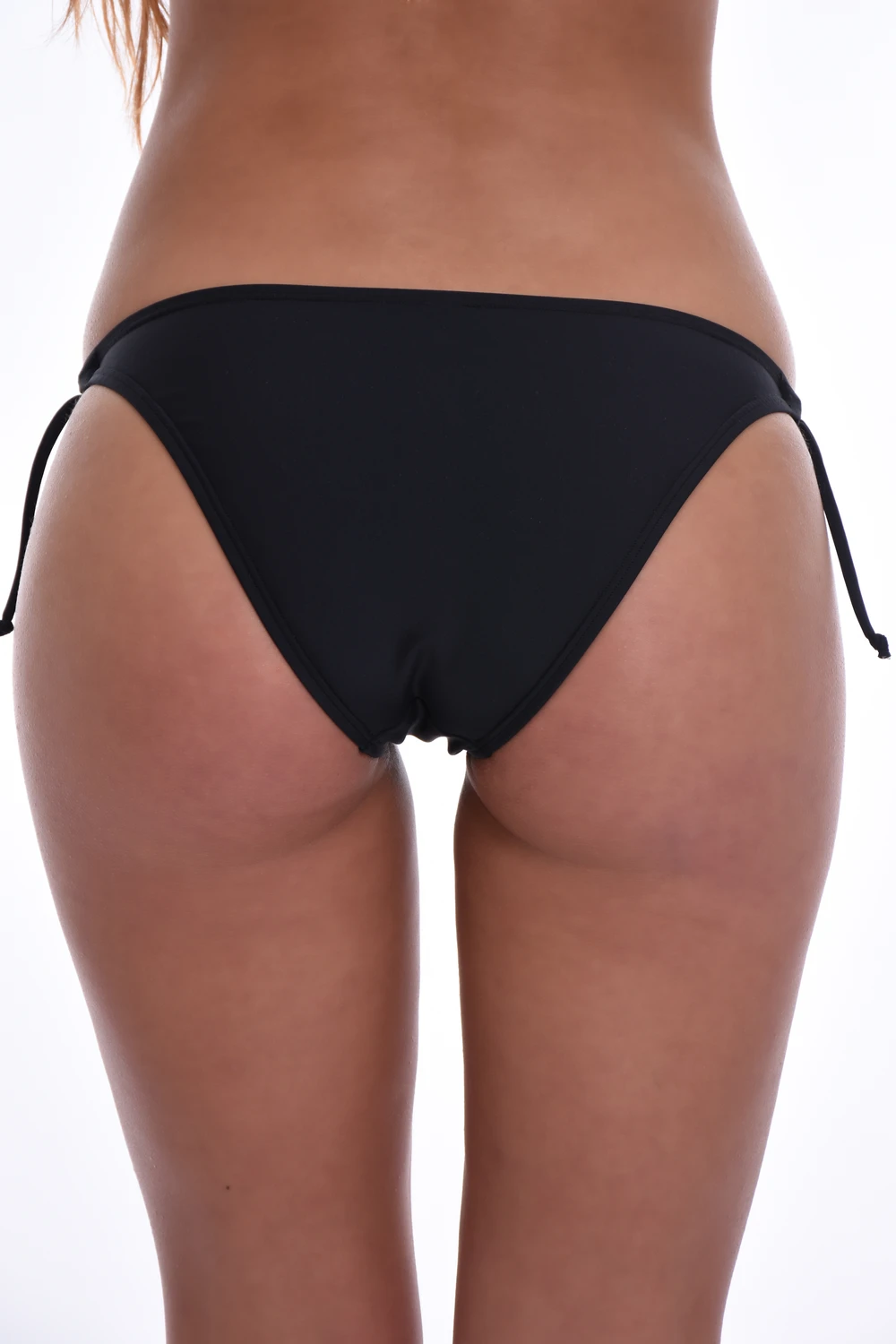 Simple black bikini bottom with moderate coverage and side-tie closure, quick-drying for easy wear by the water.