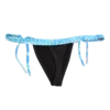 Black string thong bikini bottom with a solid black body and a contrast blue tie-dye waistband and matching ties.