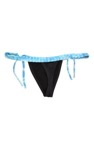 Black string thong bikini bottom with a solid black body and a contrast blue tie-dye waistband and matching ties.
