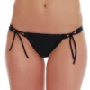 Black string tie-side thong bikini bottom with thin side straps and small hip ties in light Italian swim fabric.