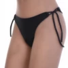 Black swim bottom with sides low on the hip and long ties you knot into a bow to set and adjust the fit.