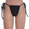 Black thong swim bottom with thin string side ties that knot to fit, light polyamide-Lycra that dries quickly.