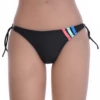 Solid black Tiara Galiano tie-side thong in light polyamide, quick-drying with a bright striped side accent.