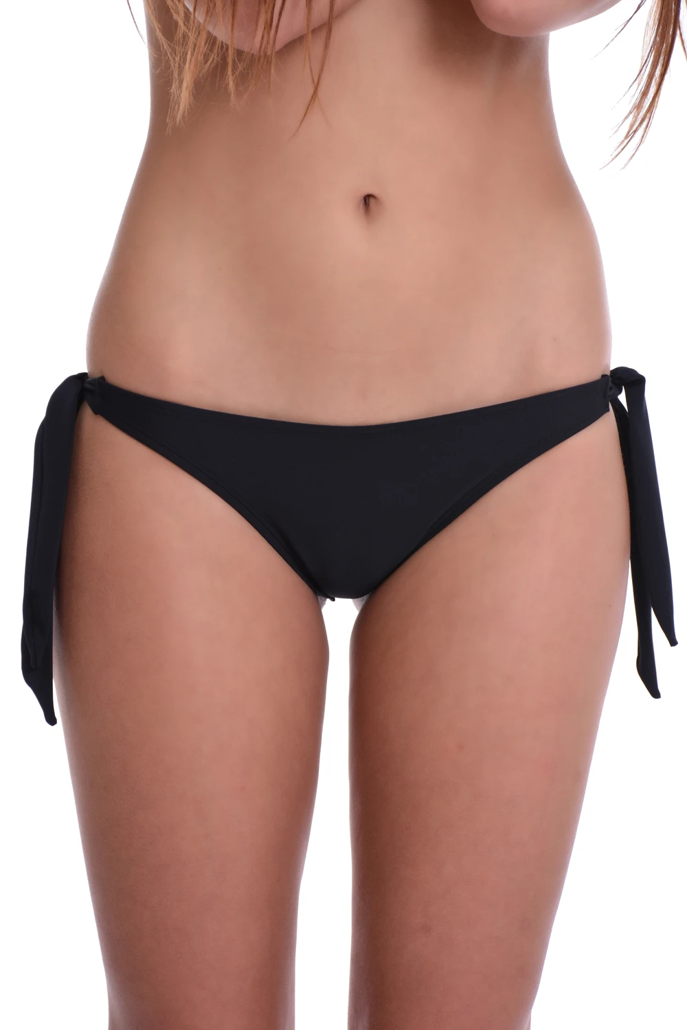 Black tie-side Brazilian bottom in solid black, a versatile shade that pairs with any top for the pool or beach.