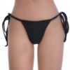 Black tie-side string thong bikini bottom in light Italian swim fabric with thin knotted hip ties.