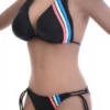 Solid black triangle bikini set with colored stripe trim and tie-side bottom in smooth polyamide.