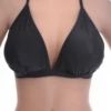 Black triangle bikini top with slim halter ties to the neck and a gently draped, soft unpadded cup shape.
