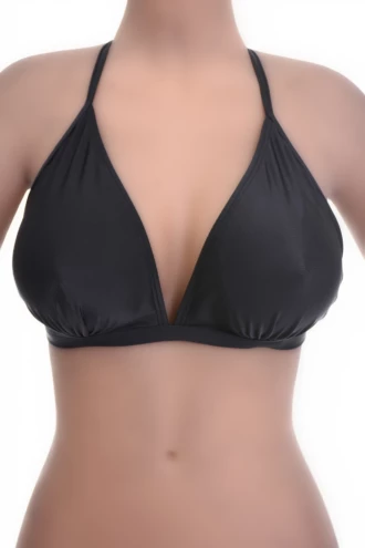 Black triangle bikini top with slim halter ties to the neck and a gently draped, soft unpadded cup shape.