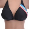 Black triangle bikini top with a bright pink, blue and green stripe trim along the edge for a sporty pop.