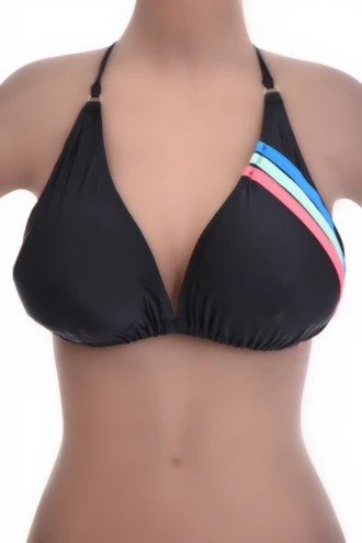 Black triangle bikini top with a bright pink, blue and green stripe trim along the edge for a sporty pop.