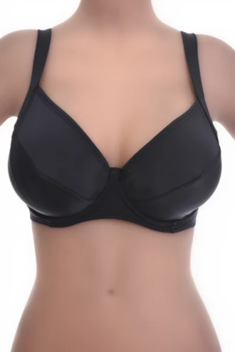 Black underwire bikini top with unpadded soft cups for a natural line and adjustable straps over the shoulders.