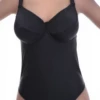 Black underwire one-piece swimsuit with molded cups and sweetheart neckline in quick-drying polyamide.
