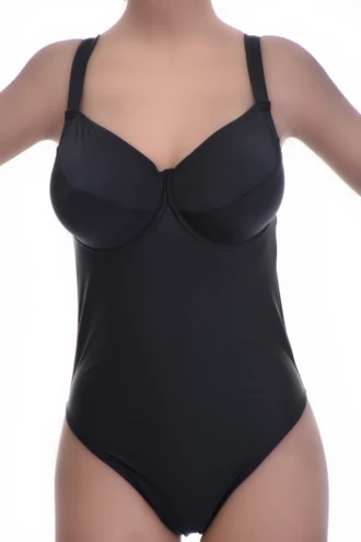 Black underwire one-piece swimsuit with molded cups and sweetheart neckline in quick-drying polyamide.