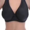 Black underwire plunge bikini top with a deep V front and slim straps framing the low neckline for a polished look.