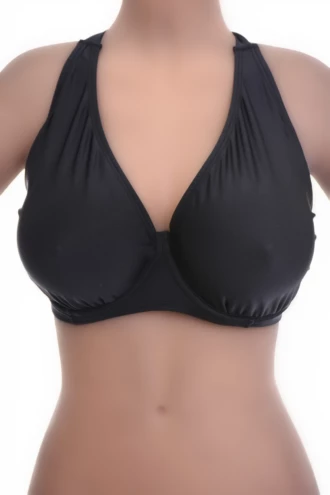 Black underwire plunge bikini top with a deep V front and slim straps framing the low neckline for a polished look.