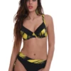 Black-and-yellow abstract-print bikini set with soft-cup underwire top in smooth polyamide.