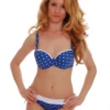 White dots on blue base bikini with molded cups and standard everyday coverage for women.
