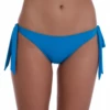 Blue cheeky Brazilian bikini bottom with a cheeky back and bow ties at each hip in stretch polyamide-Lycra.