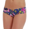 Blue floral-print low-rise boyshort bikini bottom with a short leg line and cheeky back, pull-on fit.