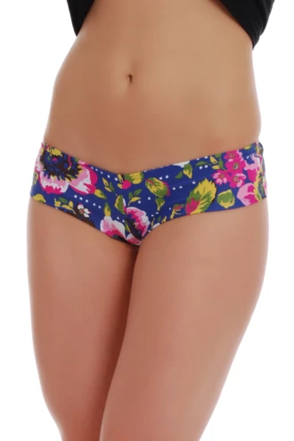 Blue floral-print low-rise boyshort bikini bottom with a short leg line and cheeky back, pull-on fit.