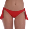 Brazilian thong bikini bottom in red with side-tie closure and a V-shaped back for minimal coverage.