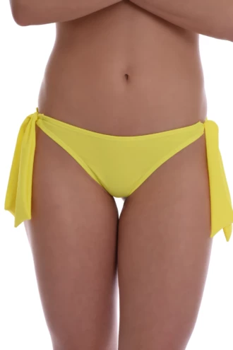 Brazilian thong swim bottom in sunny yellow with side-tie closure and a V-shaped back.