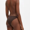 Brown cheeky pull-on bikini bottom with moderate front coverage and a cheeky back, pulls on with nothing to tie.