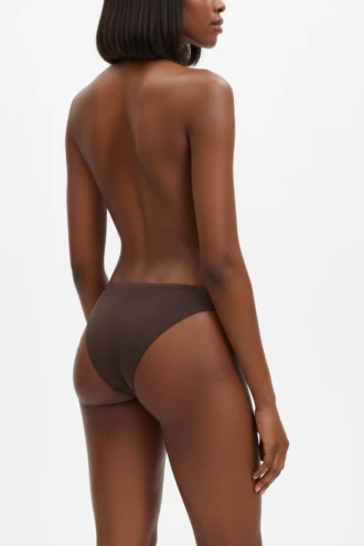 Brown cheeky pull-on bikini bottom with moderate front coverage and a cheeky back, pulls on with nothing to tie.