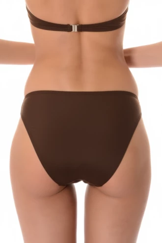 Brown high-leg cheeky bikini bottom with a high leg line that lengthens the look and moderate front coverage.
