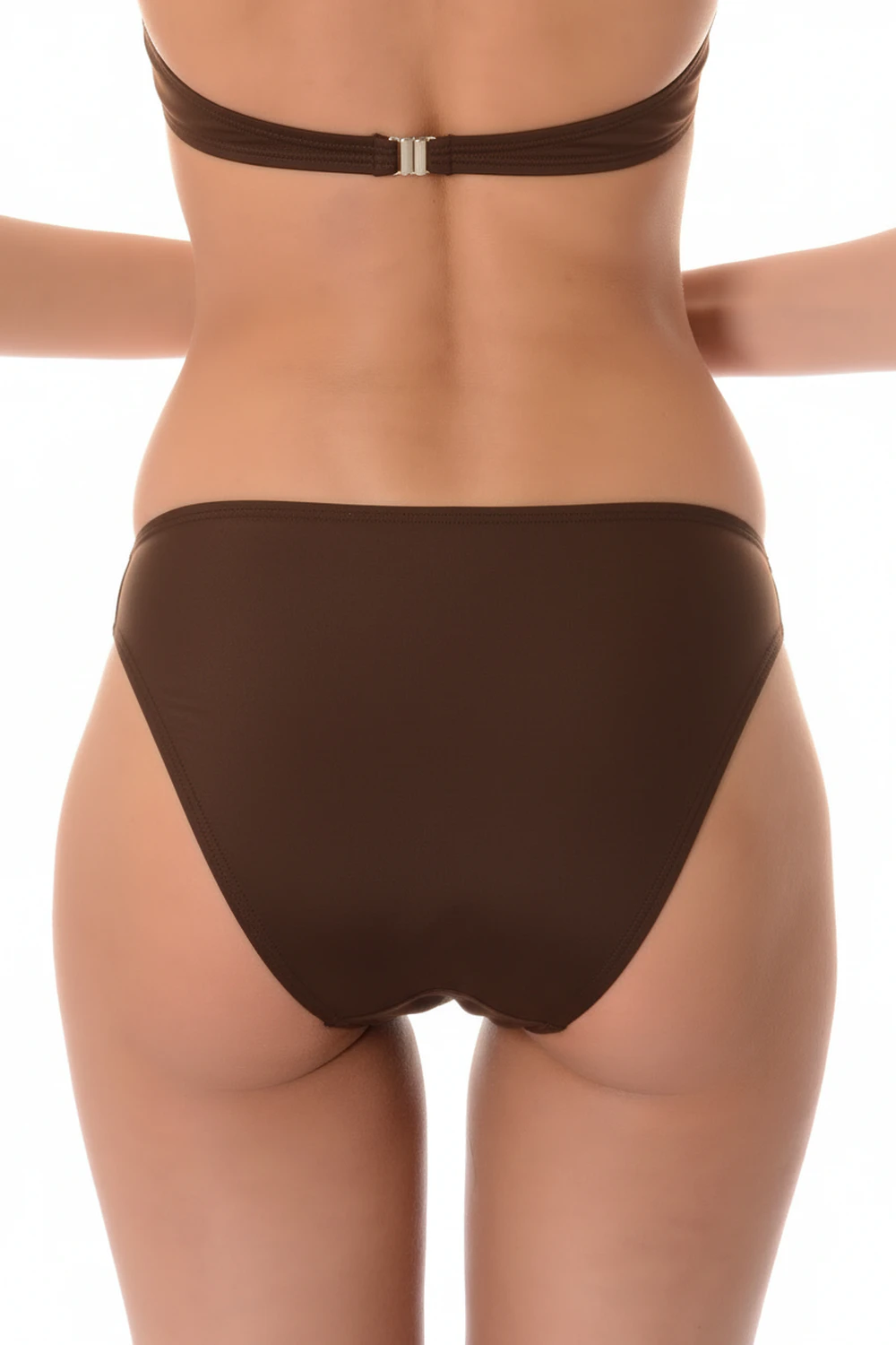Brown high-leg cheeky bikini bottom with a high leg line that lengthens the look and moderate front coverage.