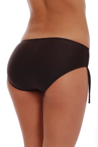 Sun-friendly brown neutral mid-rise bikini bottom with fuller front and back coverage, smooth stretch fabric.