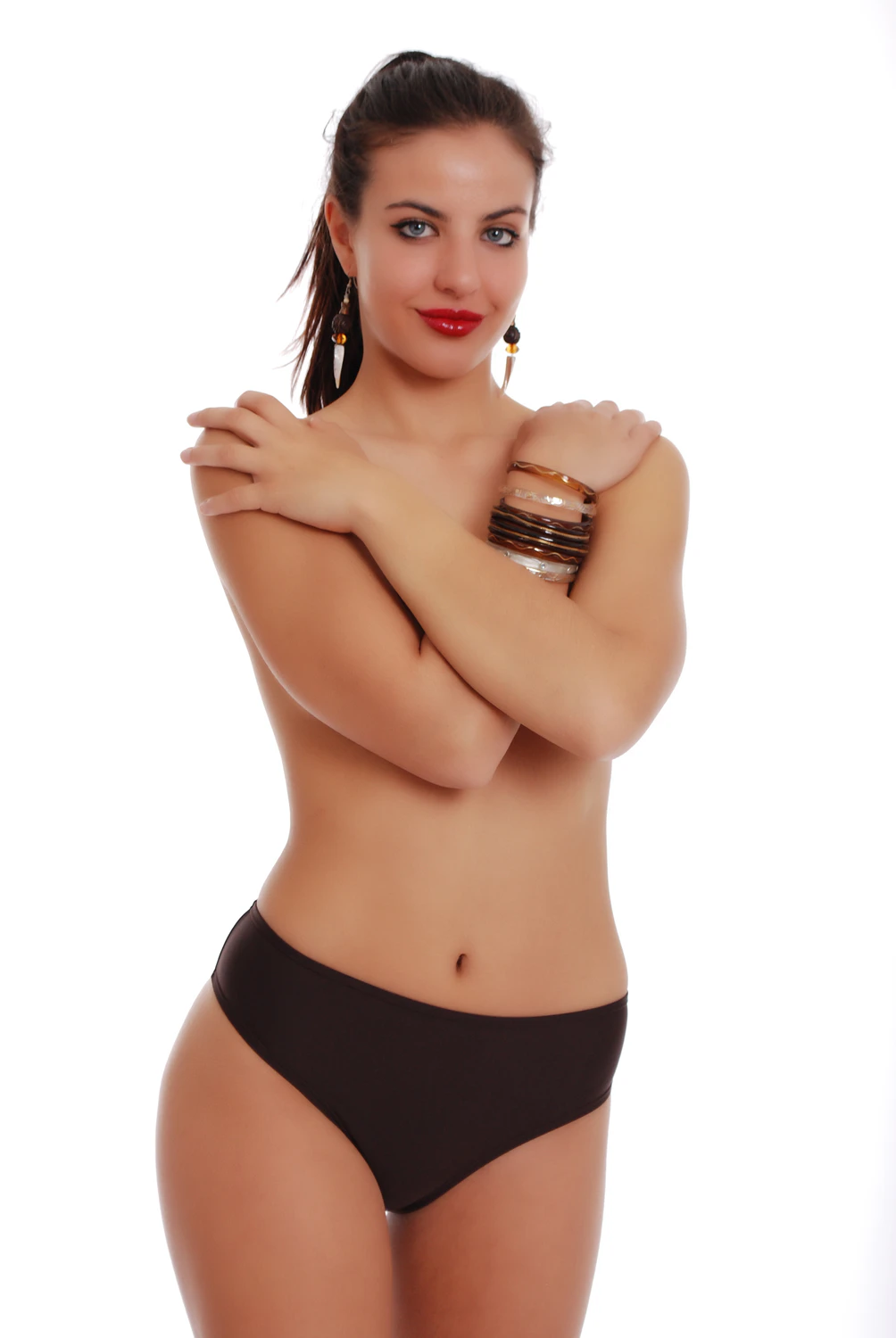 Brown pull-on bikini bottom with clean fixed sides and a mid-rise waist, a low-key pick for long days outdoors.