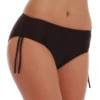 Brown ruched-side bikini bottom with a mid-rise waist and fuller coverage, drawstring hips in quick-drying fabric.