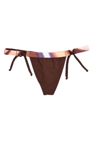 Brown string tie-side thong bikini bottom with a peach-and-lilac ombré tie-dye waistband, minimal back.
