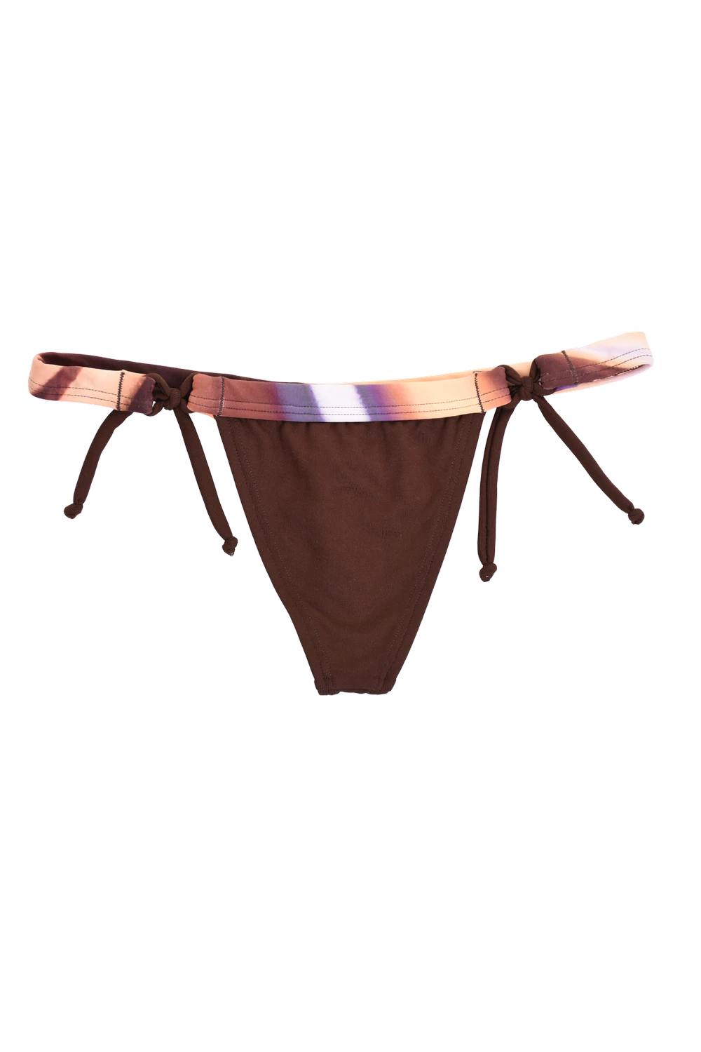 Brown string tie-side thong bikini bottom with a peach-and-lilac ombré tie-dye waistband, minimal back.