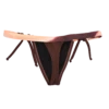 Warm brown thong with thin knot hip straps and a watercolor tie-dye band in light Italian swim fabric.
