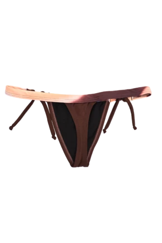 Warm brown thong with thin knot hip straps and a watercolor tie-dye band in light Italian swim fabric.