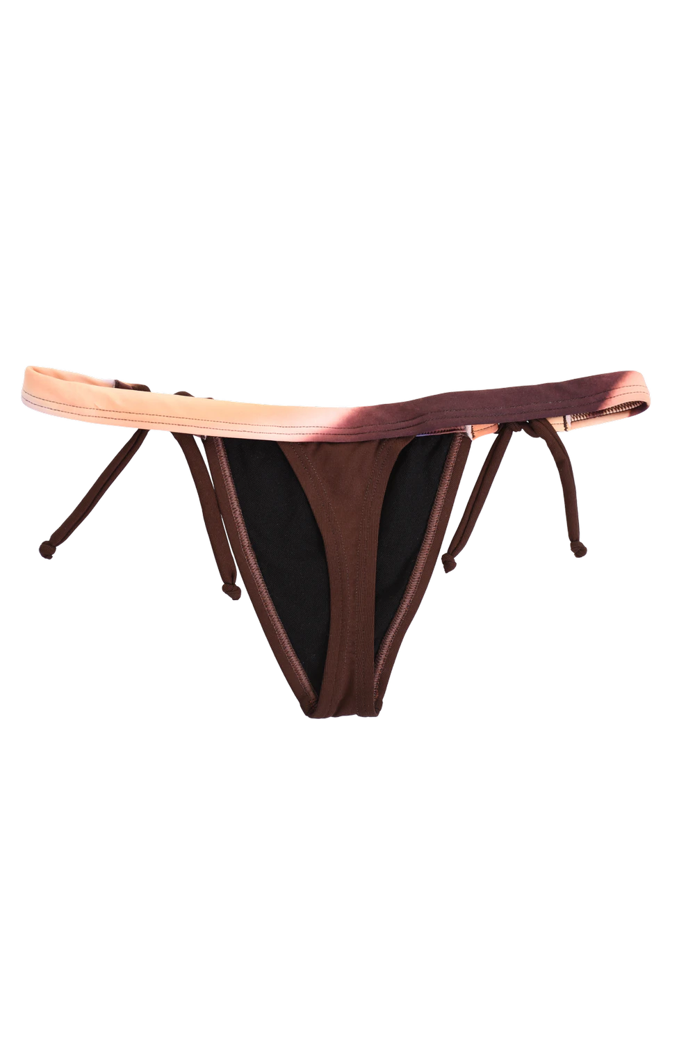 Warm brown thong with thin knot hip straps and a watercolor tie-dye band in light Italian swim fabric.