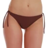 Warm earthy brown tie-side thong bikini bottom with a low front and minimal back in quick-drying swim fabric.