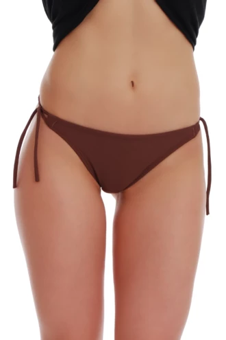 Warm earthy brown tie-side thong bikini bottom with a low front and minimal back in quick-drying swim fabric.